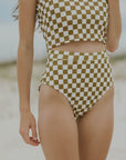 High waisted bottoms checkered pattern olive green trendy cute swimsuit