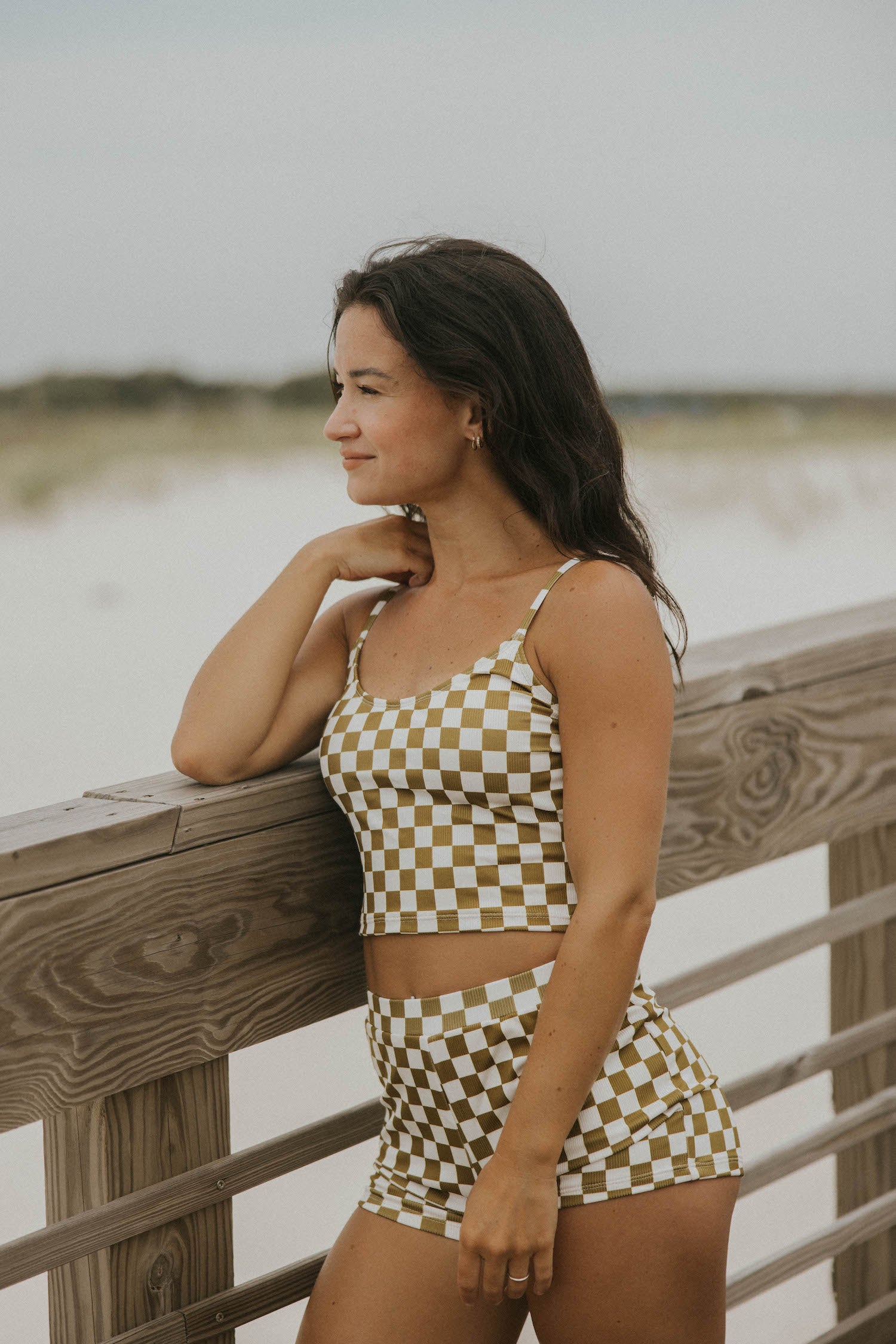 olive green and white checkered tankini top modest womens swimwear