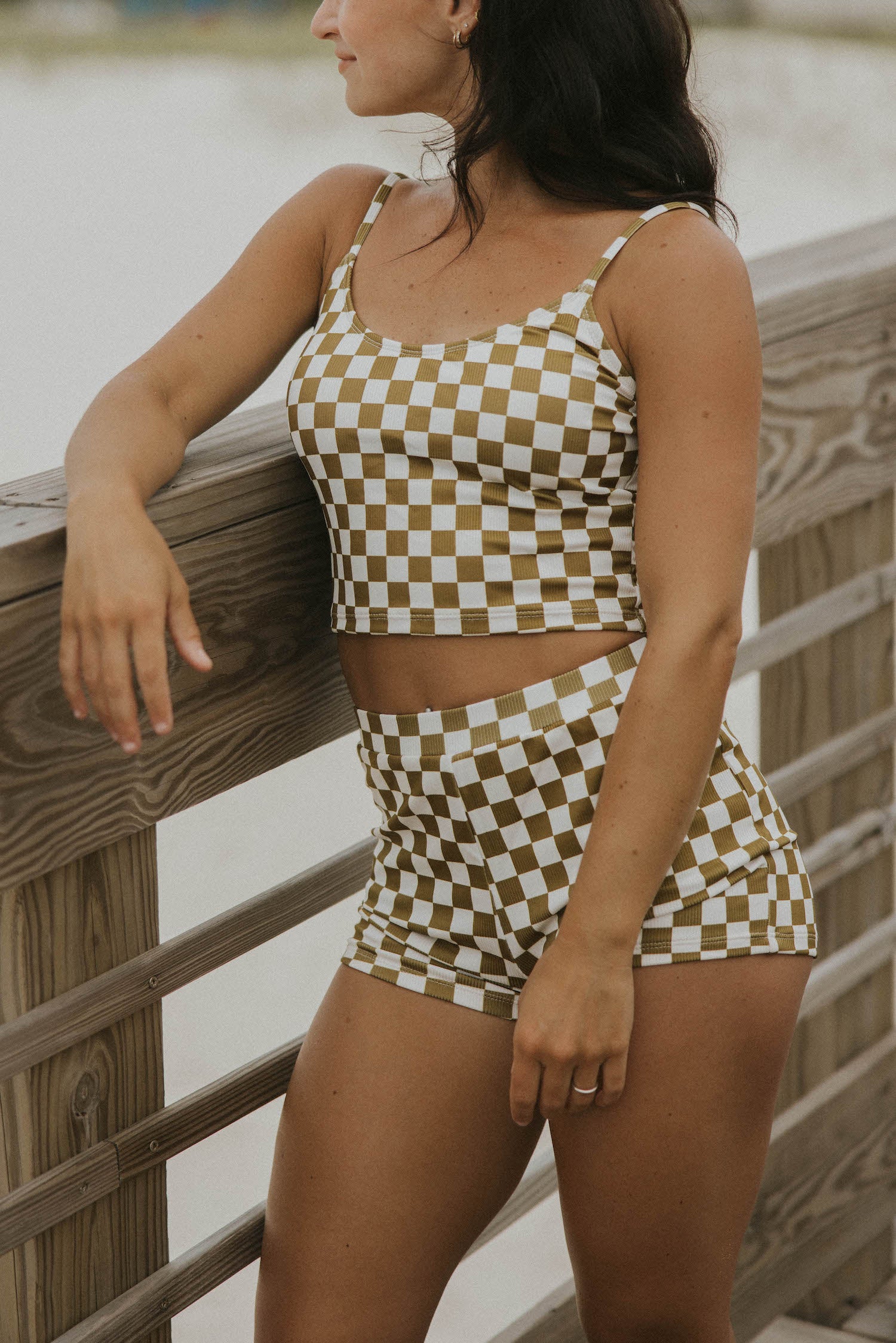 trendy checkered olive green and white swim shorts for women modest comfortable