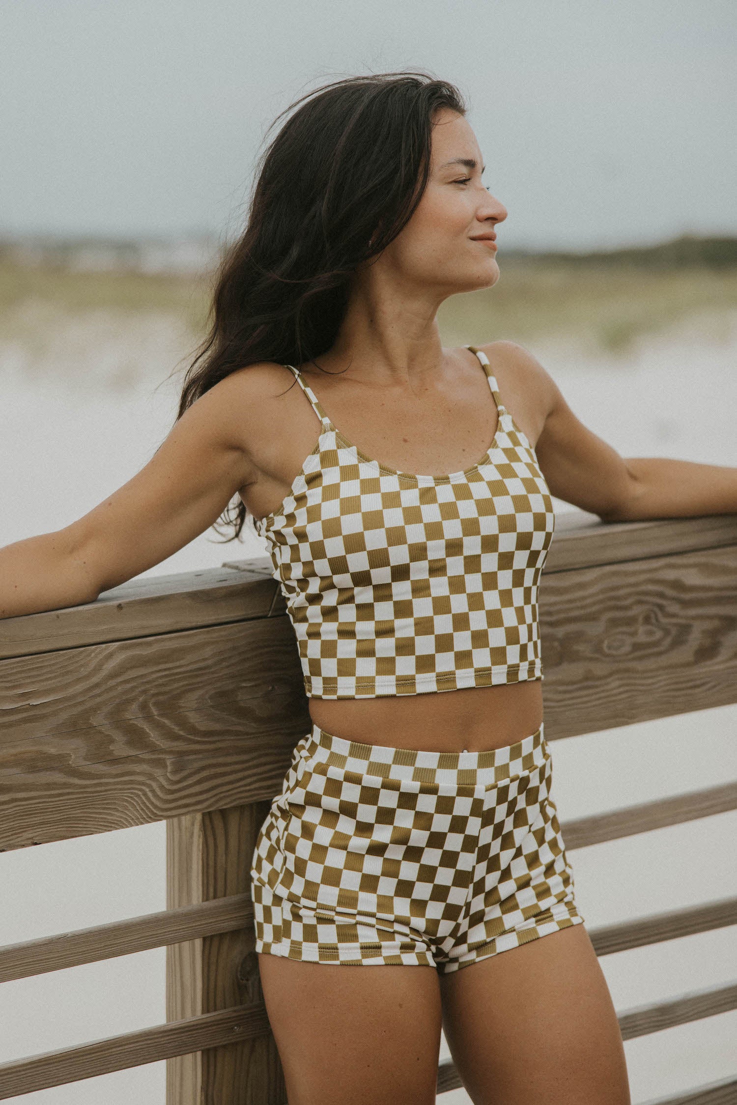 olive green and white checkered tankini top modest womens swimwear