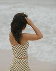 Cropped bikini top checkered pattern olive green trendy cute swimsuit