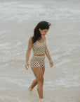Cropped bikini top checkered pattern olive green trendy cute swimsuit