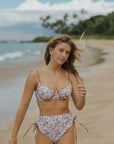 Full coverage white toile printed high waisted bikini