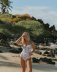 Full Coverage white toile printed high waisted tankini