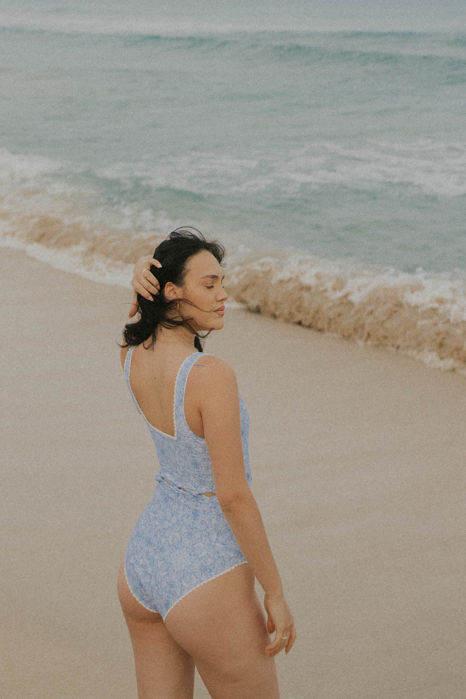 Sky Blue Modest One Piece Swimsuit with Ric Rac Trim