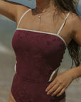 Cute Botanical Floral Textured Burgundy One Piece Swimsuit