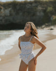 White Floral Cute Tankini with Removable Straps High Waisted Bottoms