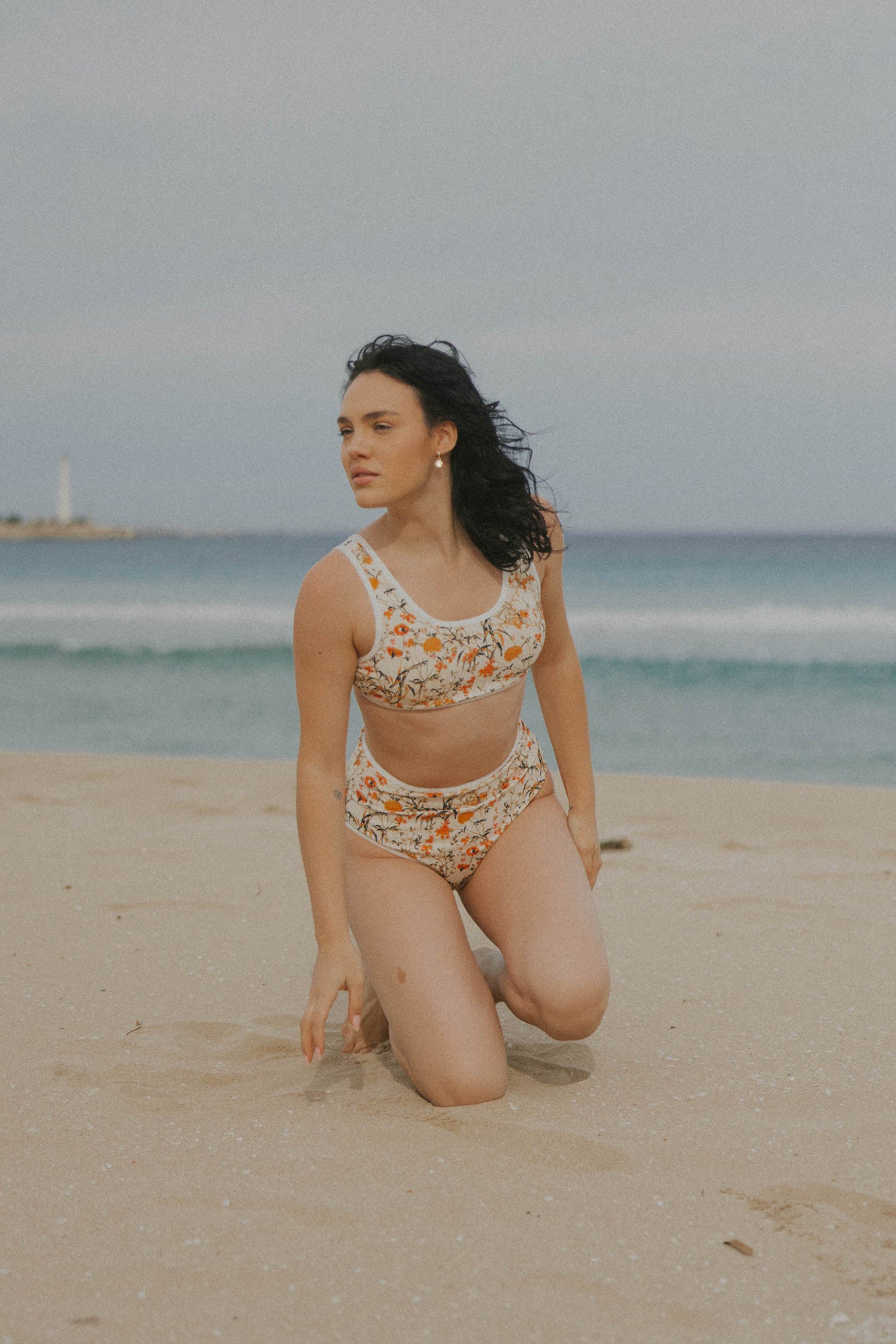 Neutral colored floral printed full coverage bikini top