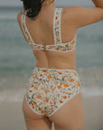 Neutral colored floral printed full coverage sporty bikini bottoms