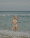 Neutral colored floral printed full coverage high waisted bikini bottoms