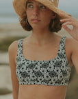 Square Neck Retro Textured Floral Bikini Top