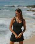 Black Full Coverage Textured One Piece Swim Dress