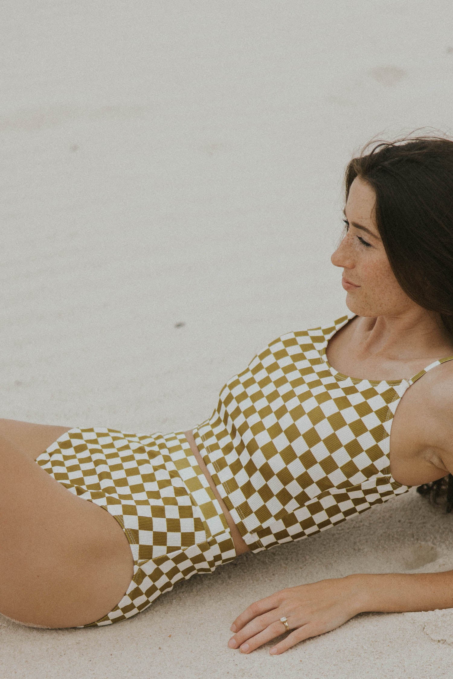 High waisted bottoms checkered pattern olive green trendy cute swimsuit