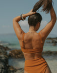 Orange V Neck High Waisted Panel Tummy Control Bikini Bottoms