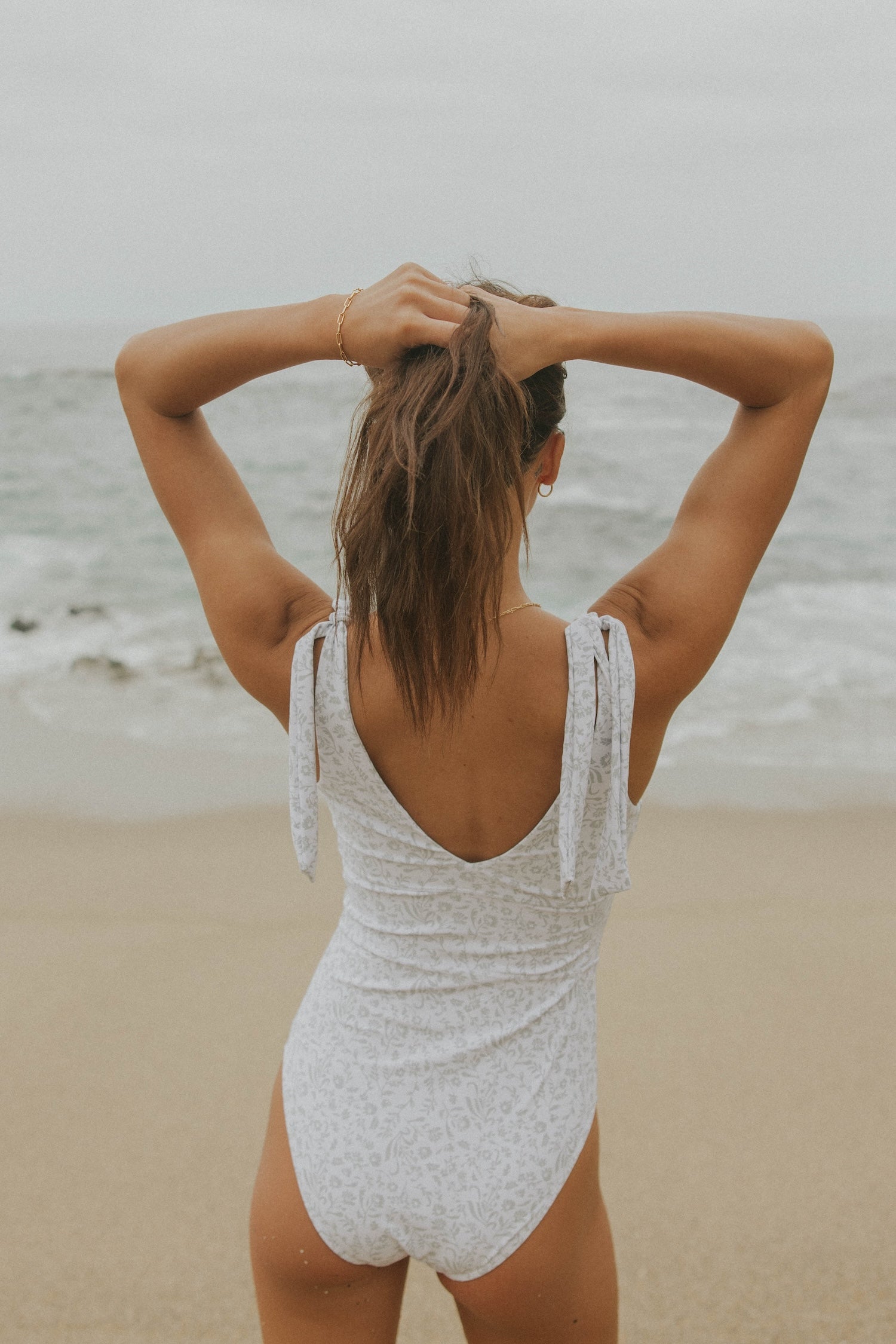 White and Gray Floral with Tying Straps Full Coverage One Piece Swimsuit