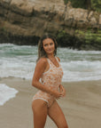 Paisley Retro Floral White Trim One Piece Modest Swimsuit
