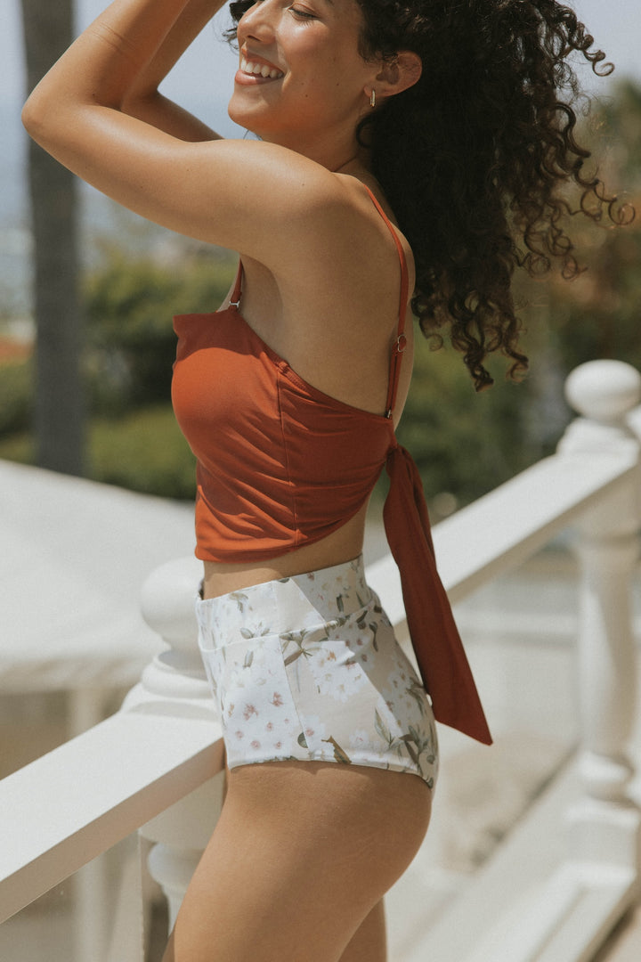 Full Coverage High Waisted White Floral Bikini Bottoms