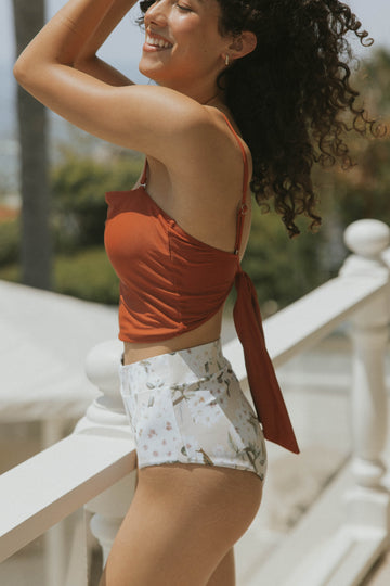 Full Coverage High Waisted White Floral Bikini Bottoms