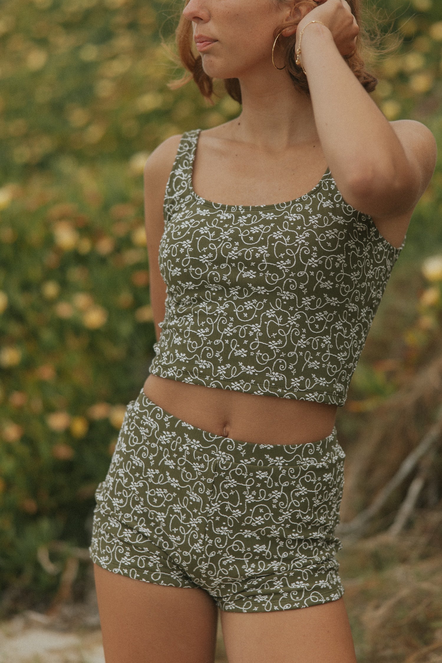 Floral Modest Olive Green Tankini with Boy Shorts