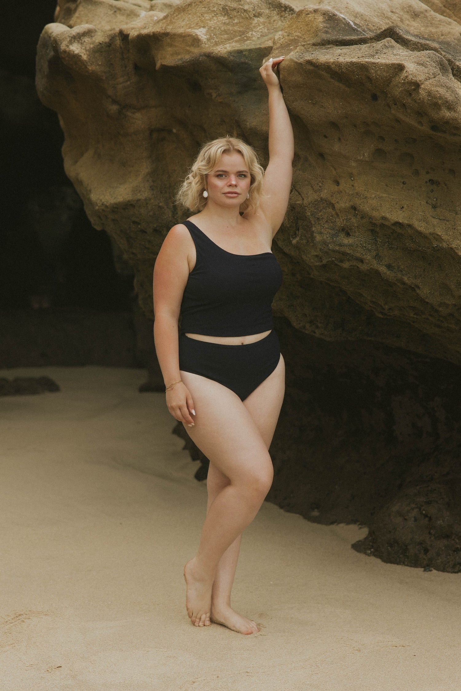 Modest Full Coverage One Strapped Textured Black Bikini Top and Bottoms