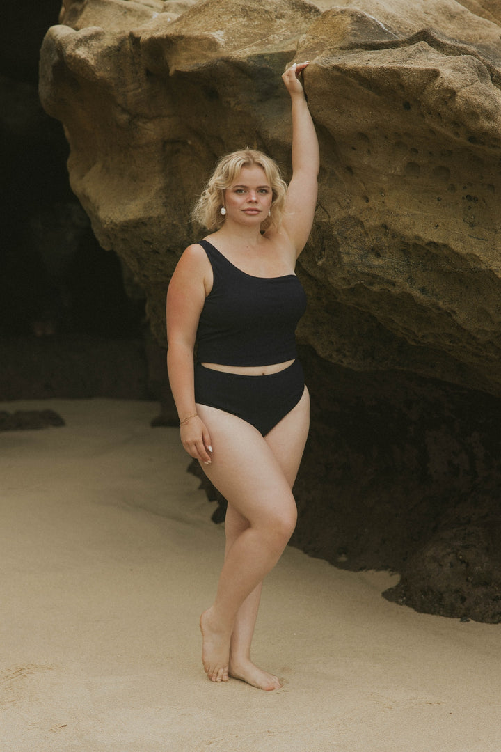 Modest Full Coverage One Strapped Textured Black Bikini Top and Bottoms