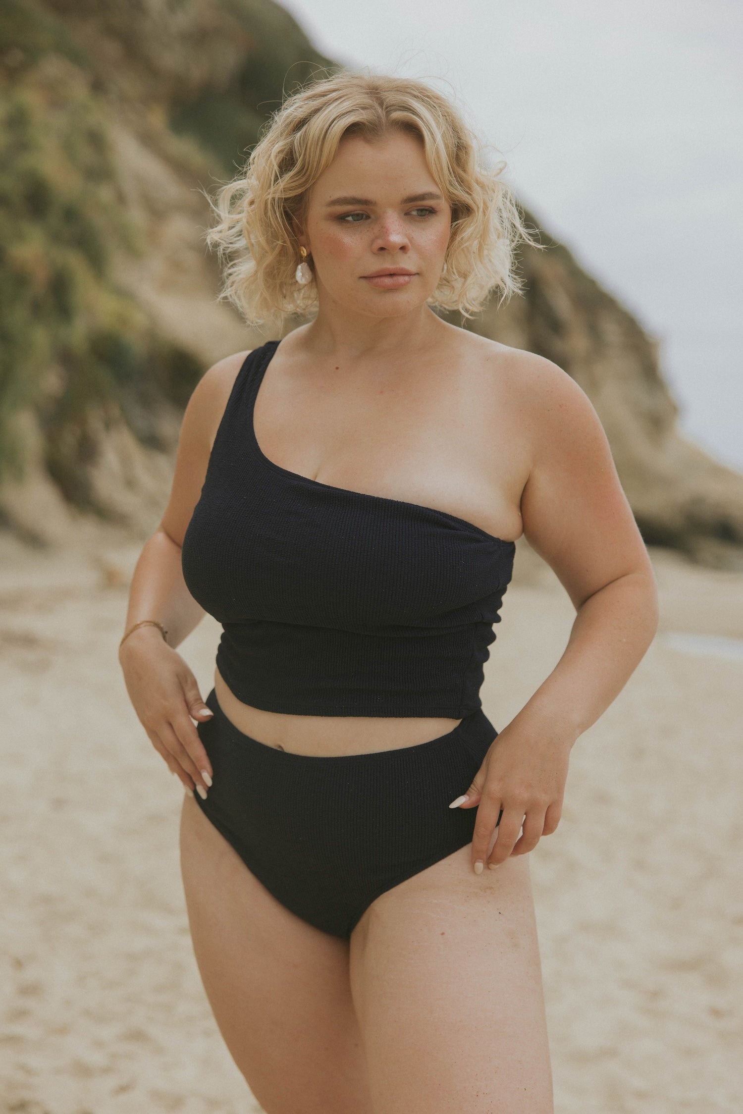 Full Coverage One Strapped Classy Pure Black Modest Bikini