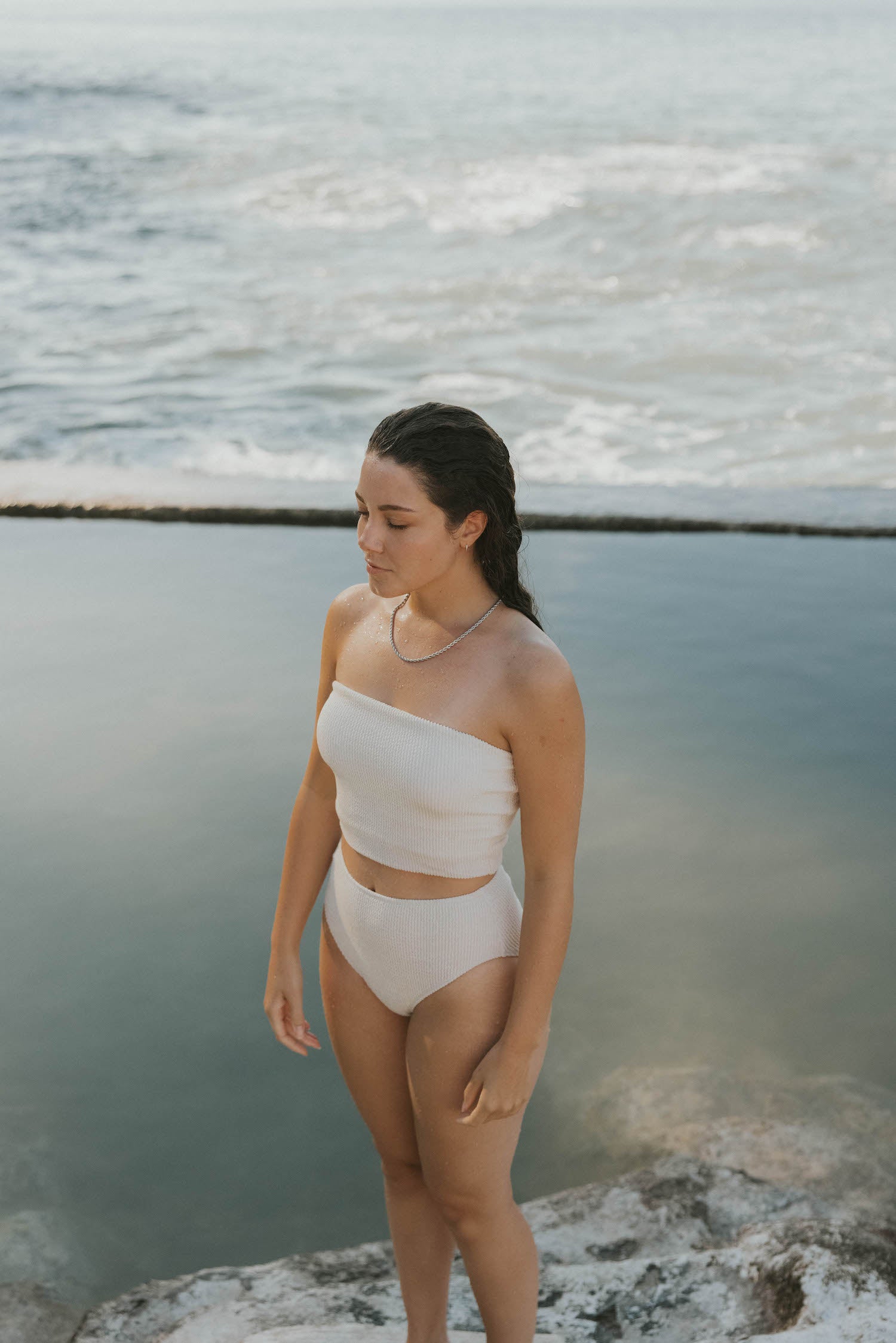 Cute modest white strapless tankini