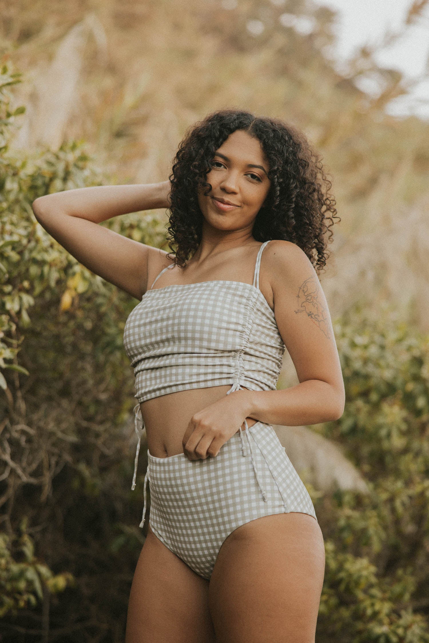 Gingham full coverage high waisted bikini bottoms.