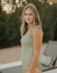 smocked sage green swimsuit modest womens swimwear shirred maternity friendly one piece