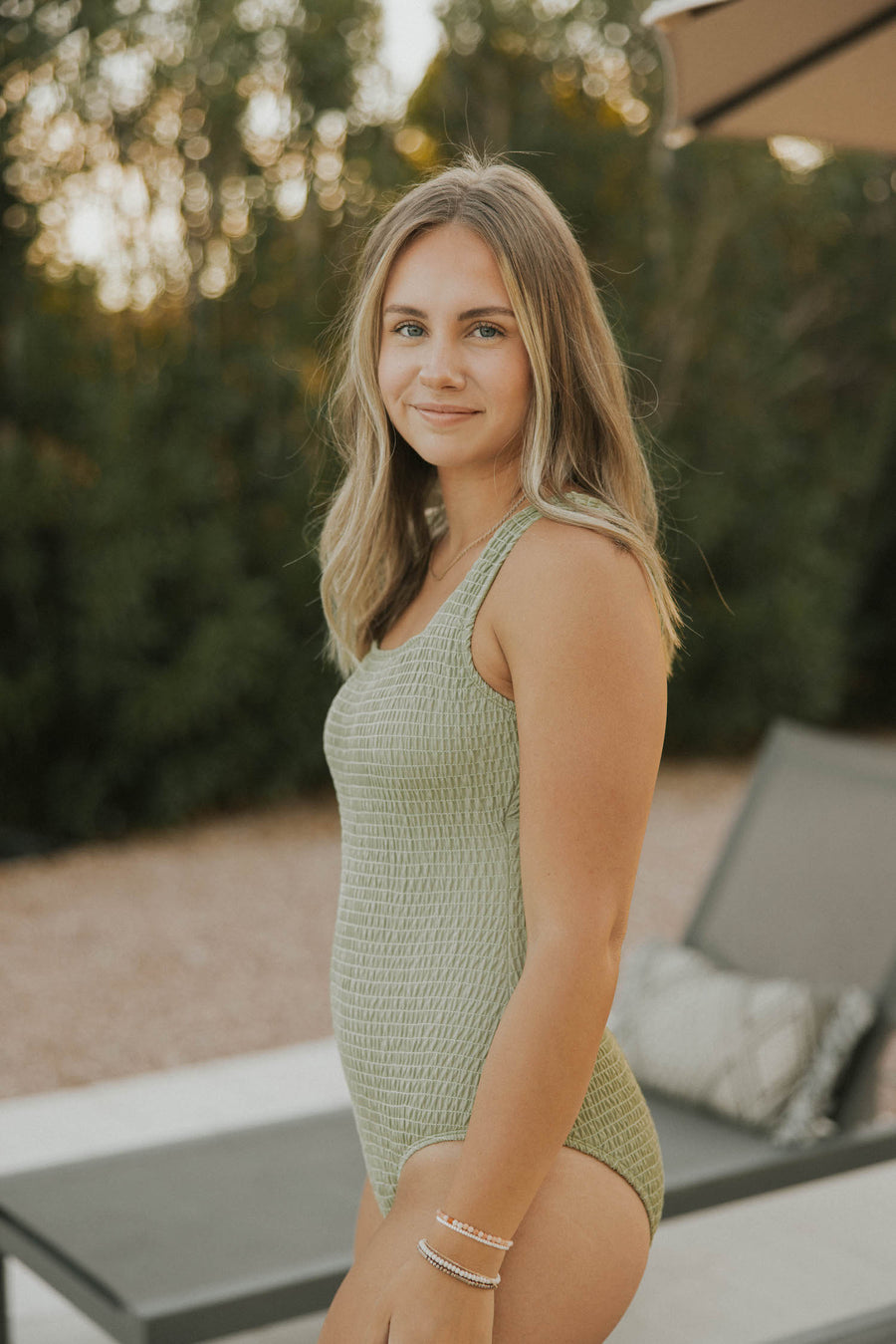 smocked sage green swimsuit modest womens swimwear shirred maternity friendly one piece