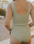 smocked sage green swimsuit modest womens swimwear shirred maternity friendly one piece