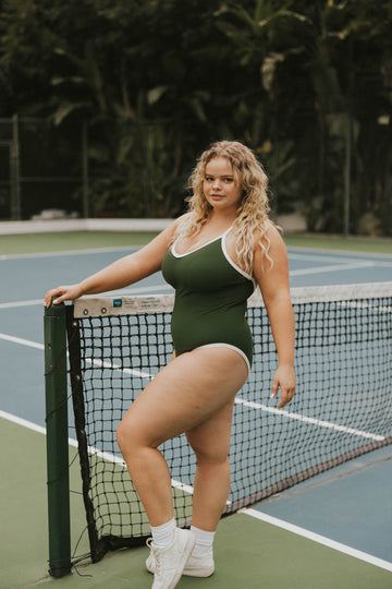 Women's dark green one piece swimsuit white trim