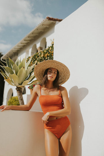 Dark orange two-piece ginger swimsuit for women