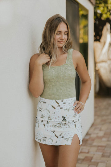 womens high waisted swim skirt patterned floral white swim skirt paired with one piece