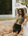 Black modest high waisted notched swim skirt
