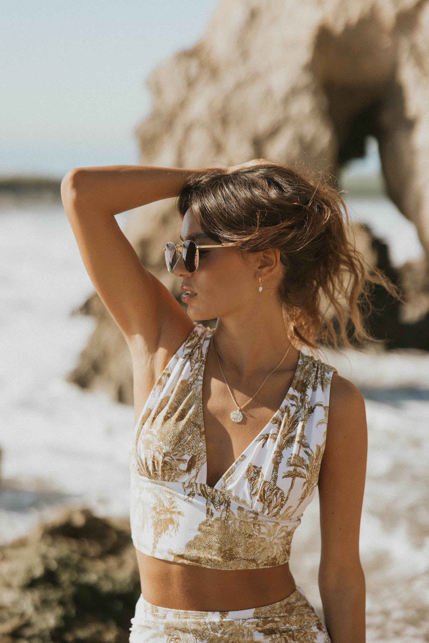 Tropical white and gold women's bikini set V neck